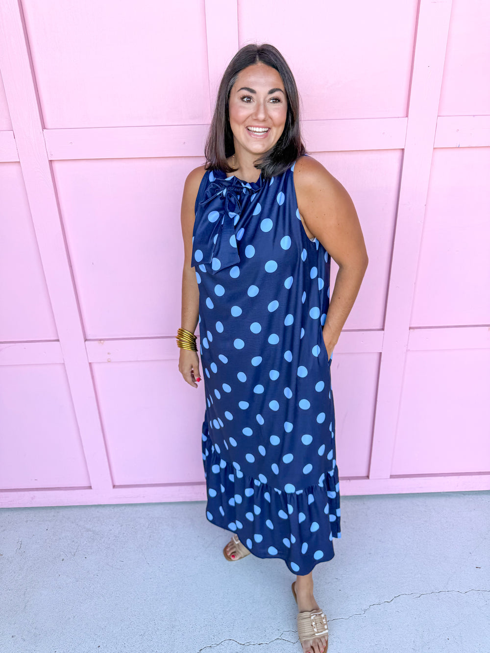 Jincy's Womens Boutique Polka Dot Midi Maxi Dress Ruffle & Tie Neckline