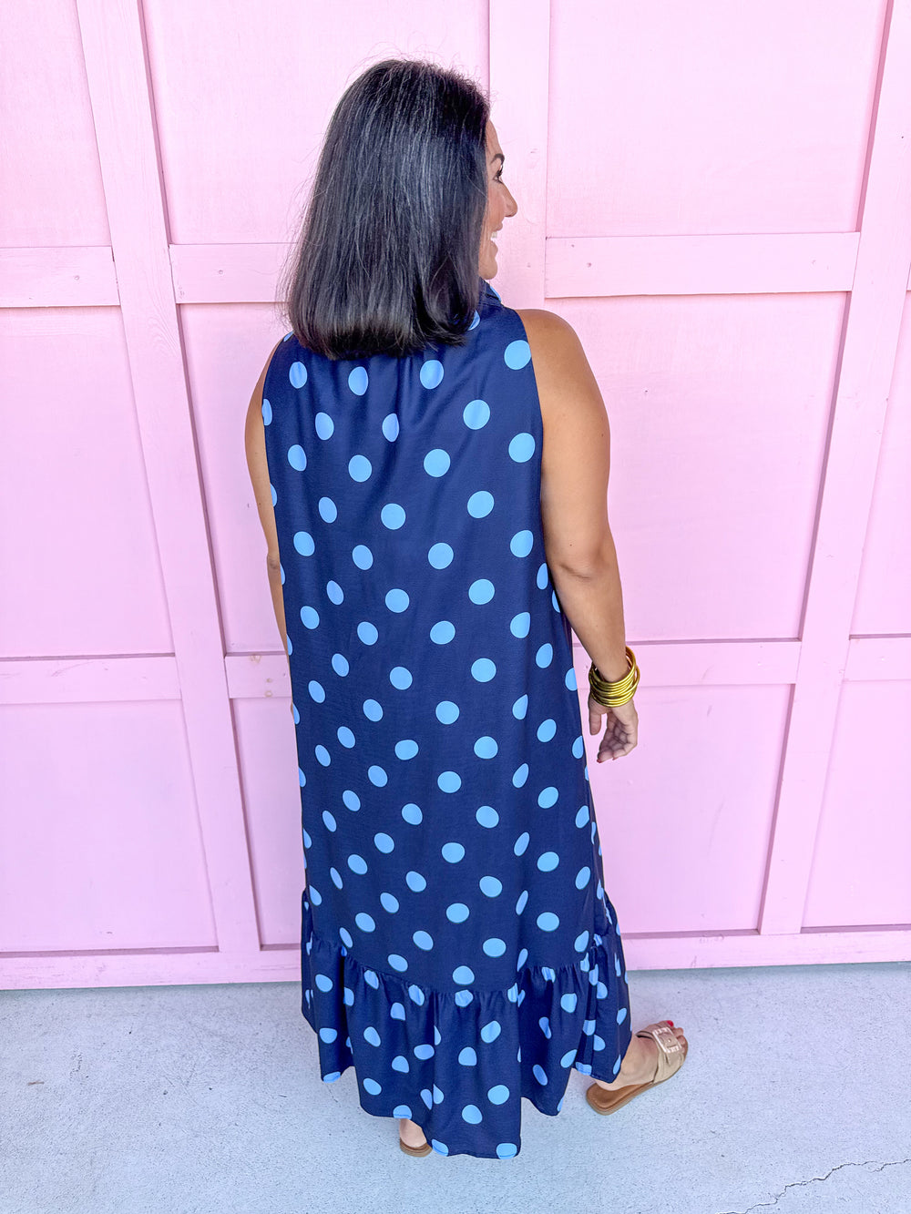 Jincy's Womens Boutique Polka Dot Midi Maxi Dress Ruffle & Tie Neckline