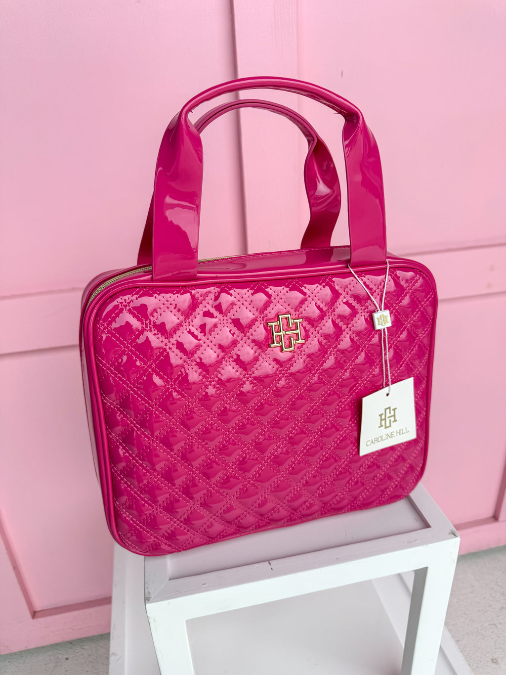 Caroline Hill | Punta Cana Large Case - Hot Pink Patent Travel Case Toiletry Bag
