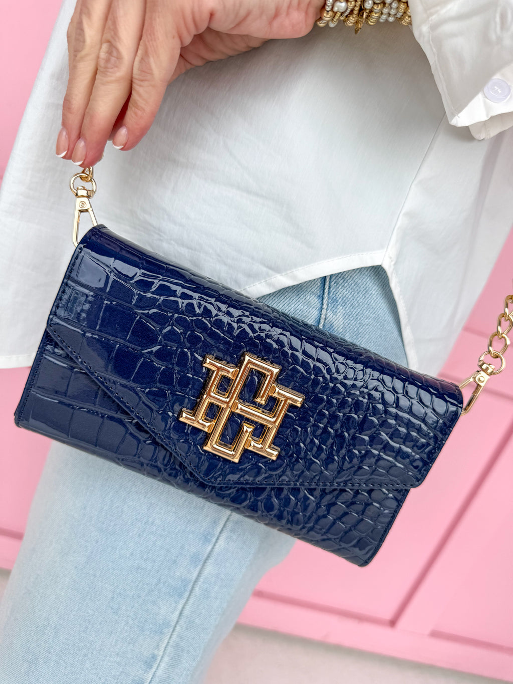 Caroline Hill | Carlington Clutch Crossbody - Navy Patent Purse