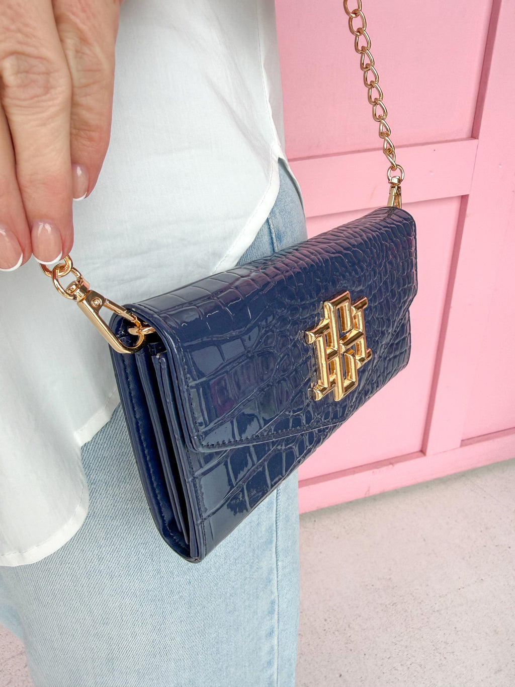 Caroline Hill | Carlington Clutch Crossbody - Navy Patent Purse