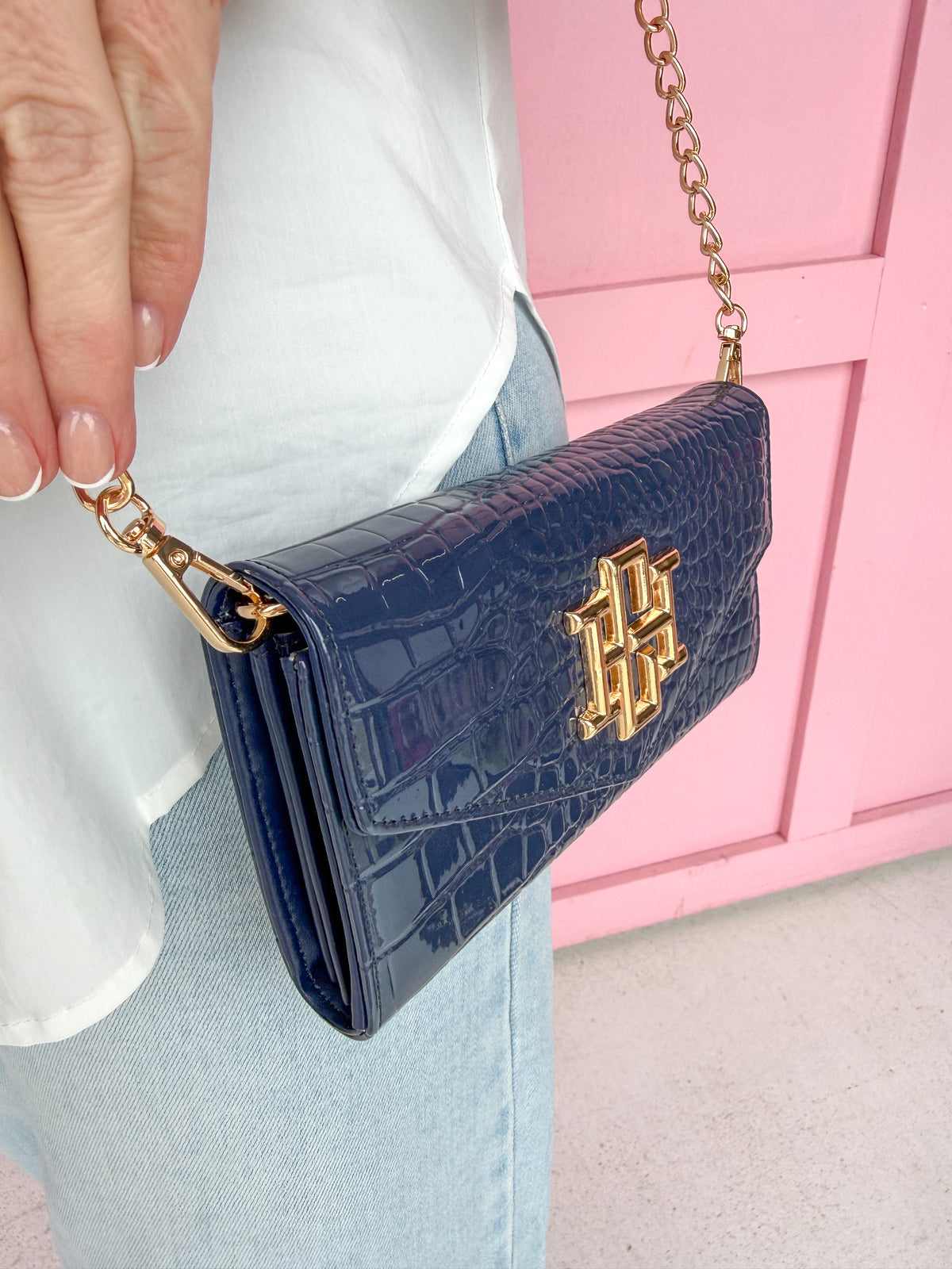 Caroline Hill | Carlington Clutch Crossbody - Navy Patent Purse