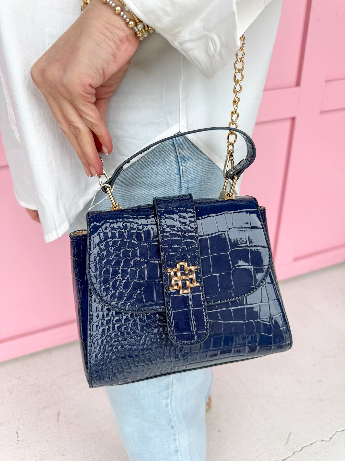 Caroline Hill | Tucker Handbag - Navy Patent Purse