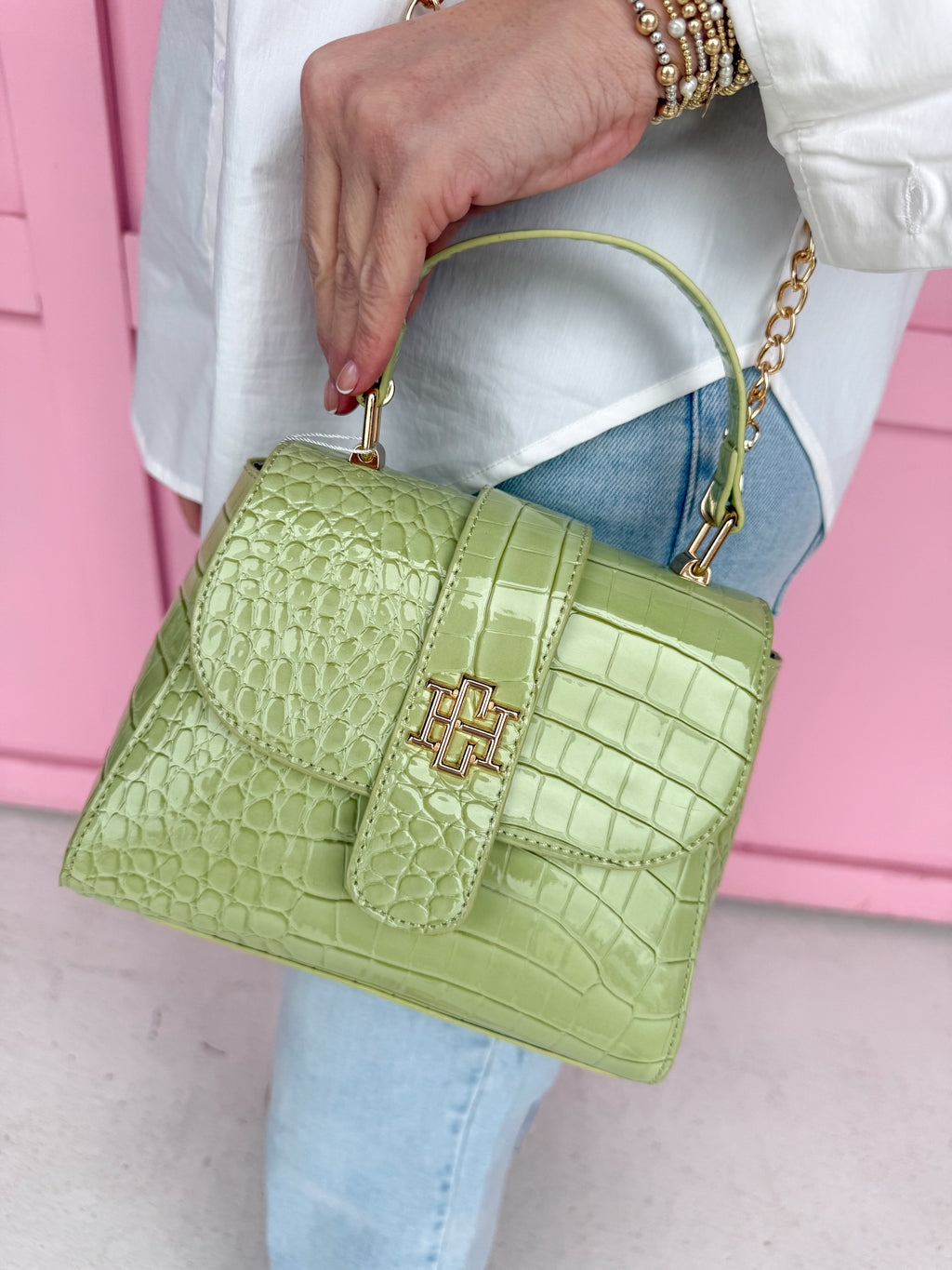 Caroline Hill | Tucker Handbag - Lime Patent