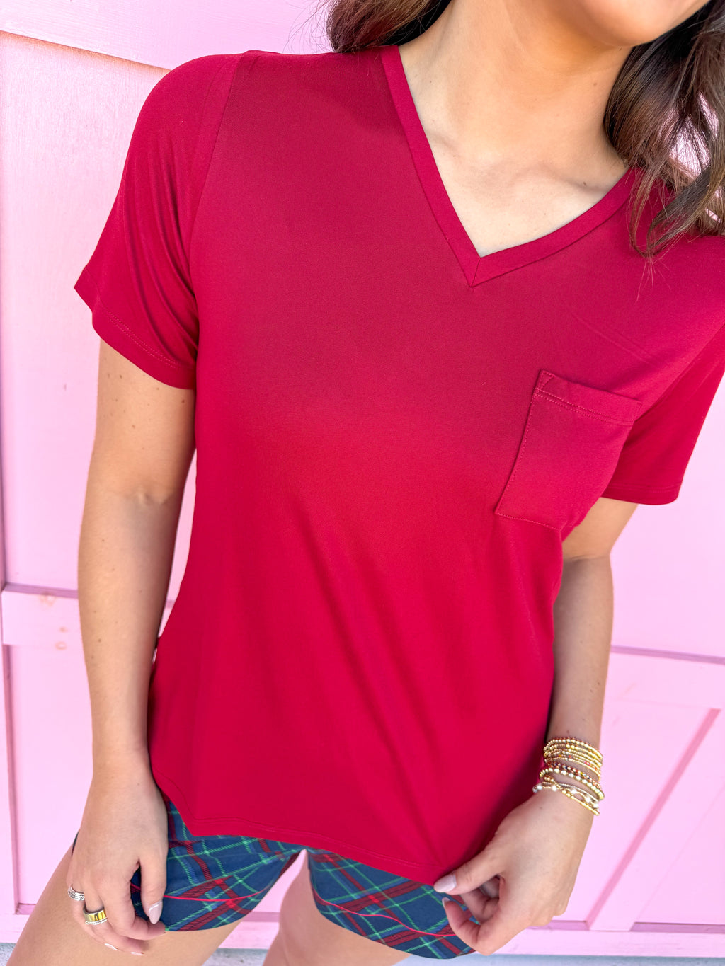 Highlands V-Neck Pocket Tee - Dark Red