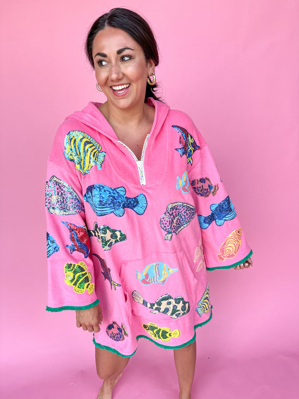 QUEEN OF SPARKLES | Pink Multi Fish Hoody Terry Cloth Coverup