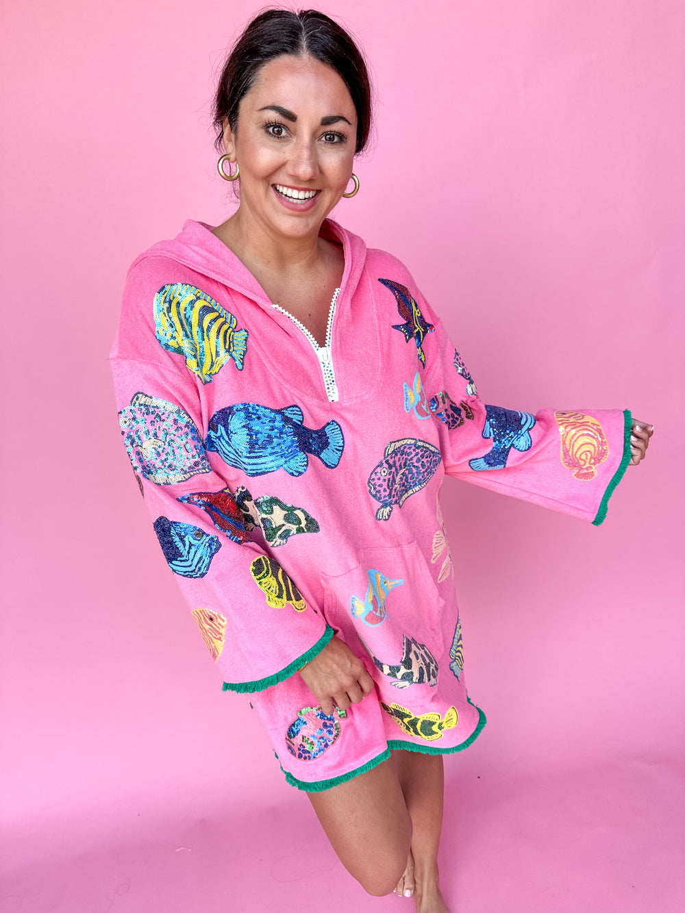 QUEEN OF SPARKLES | Pink Multi Fish Hoody Terry Cloth Coverup