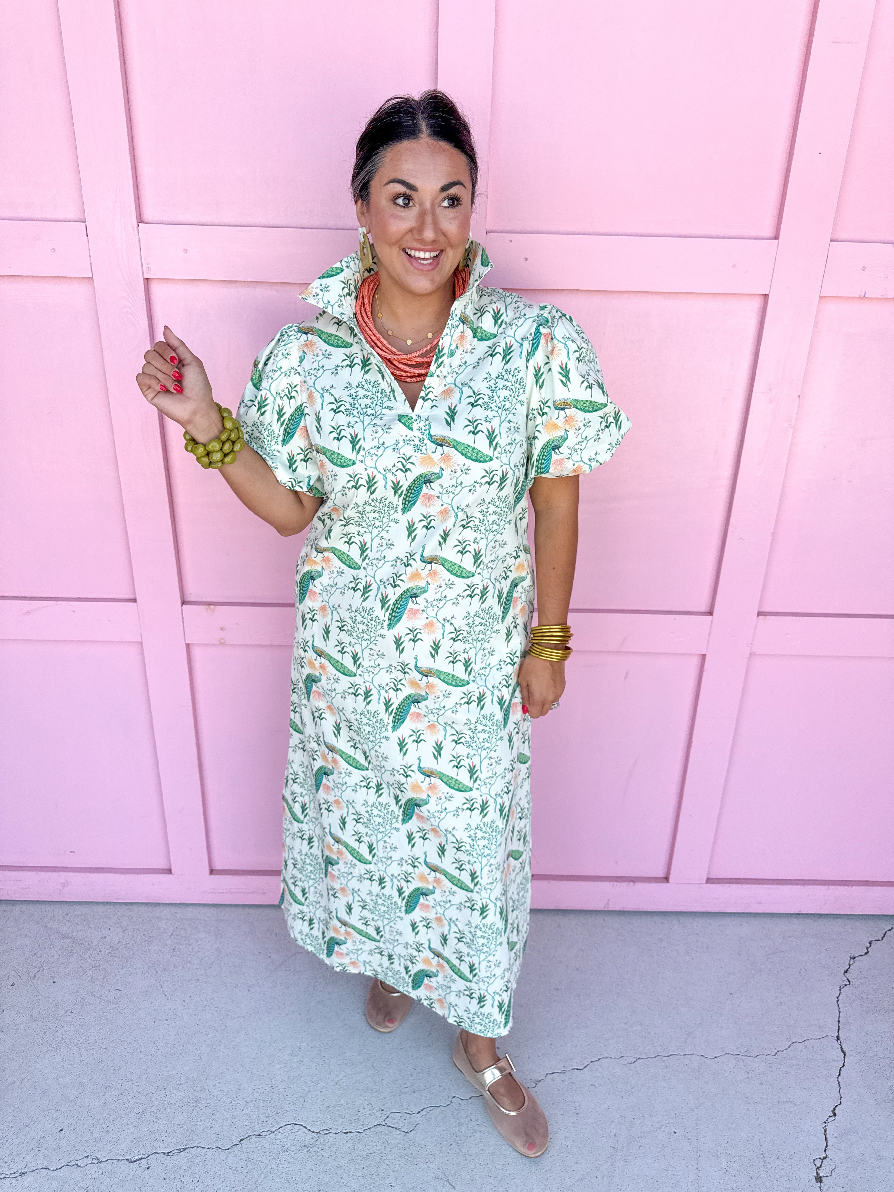 Jincy's Womens Boutique Chinoiserie Peacock Print Collared Straight Fit Midi Maxi Dress CT10040 TCEC