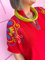 Jincy's Womens Boutique Red Multi Colored Embroidered Top Entro C6180