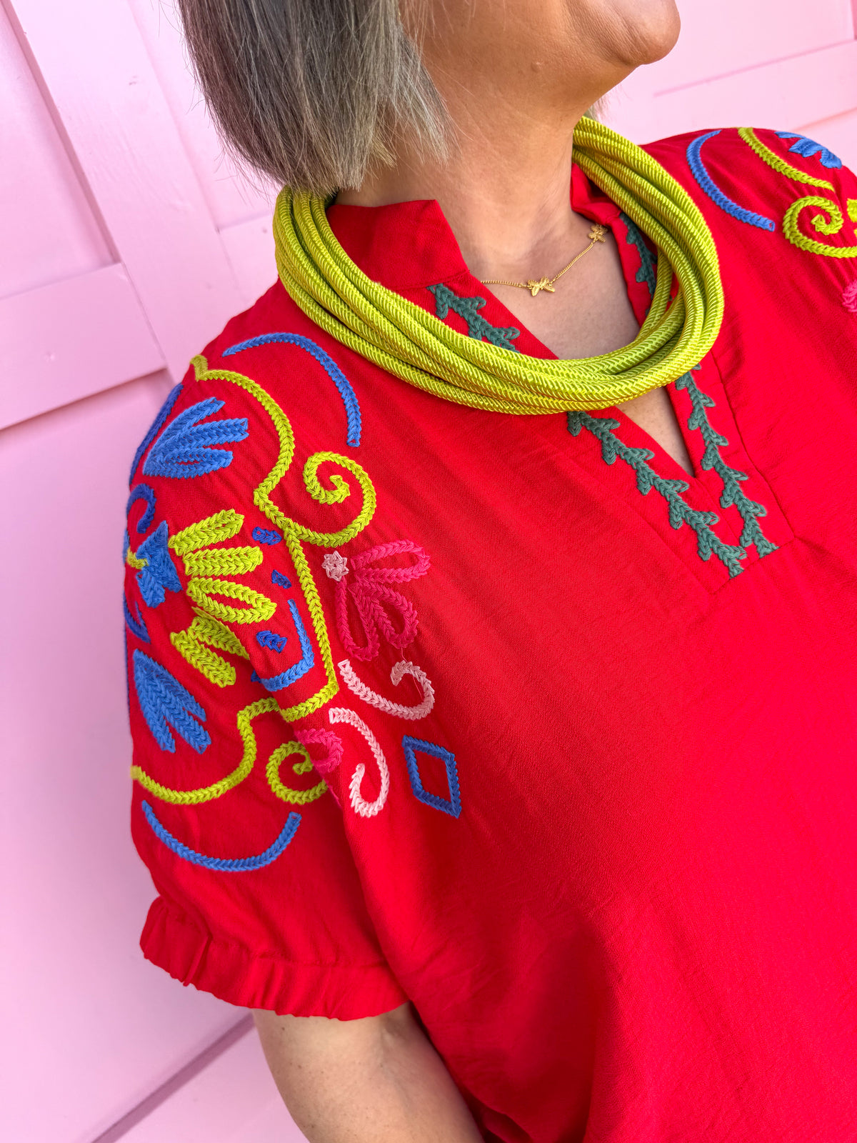 Jincy's Womens Boutique Red Multi Colored Embroidered Top Entro C6180