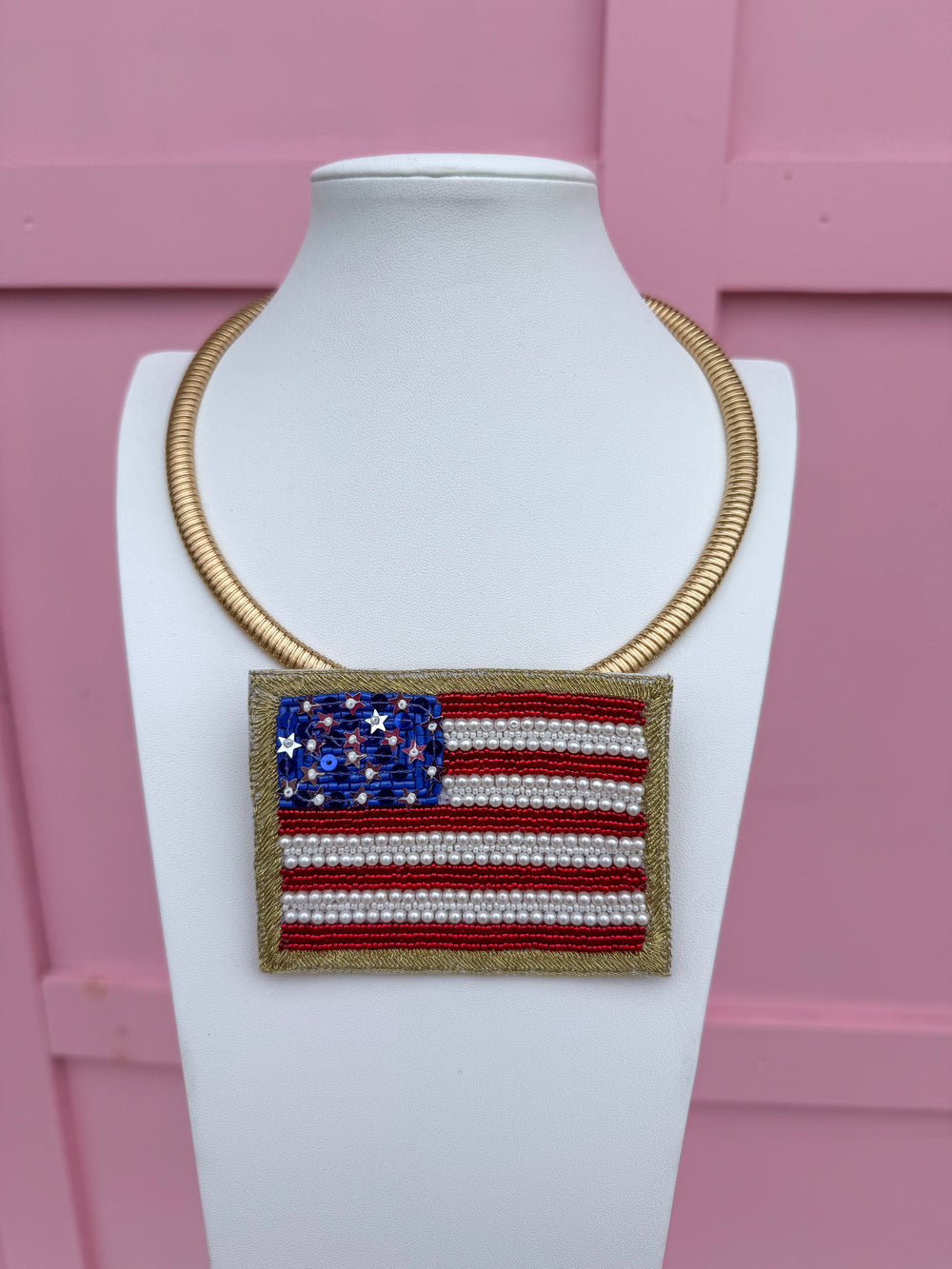 Americana Collar Necklace beaded gold red white blue womens boutique jincy's