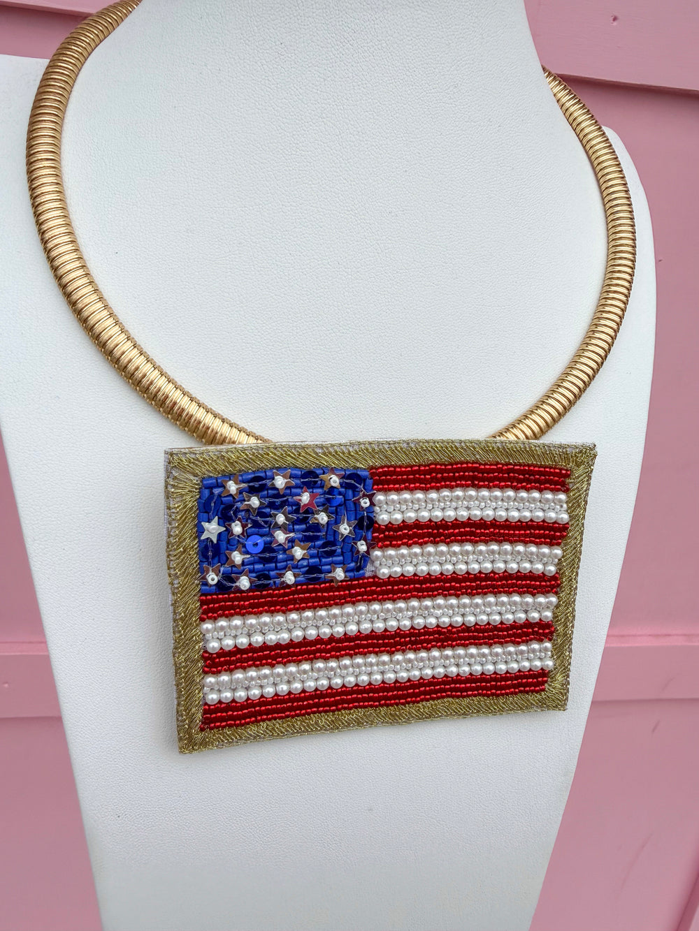 Americana Collar Necklace beaded gold red white blue womens boutique jincy's