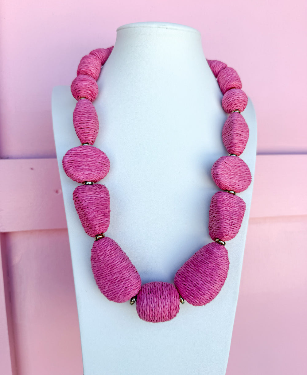 pink raffia necklace gold accents adjustable womens boutique jincy's