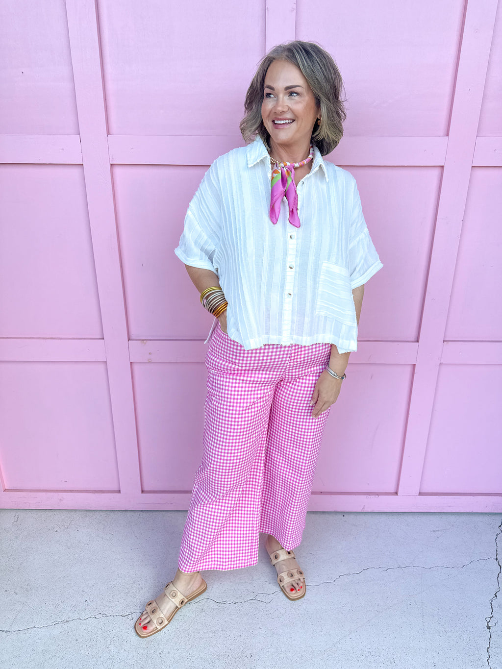 pink white gingham pants button and zipper closure pockets womens boutique jincy's 