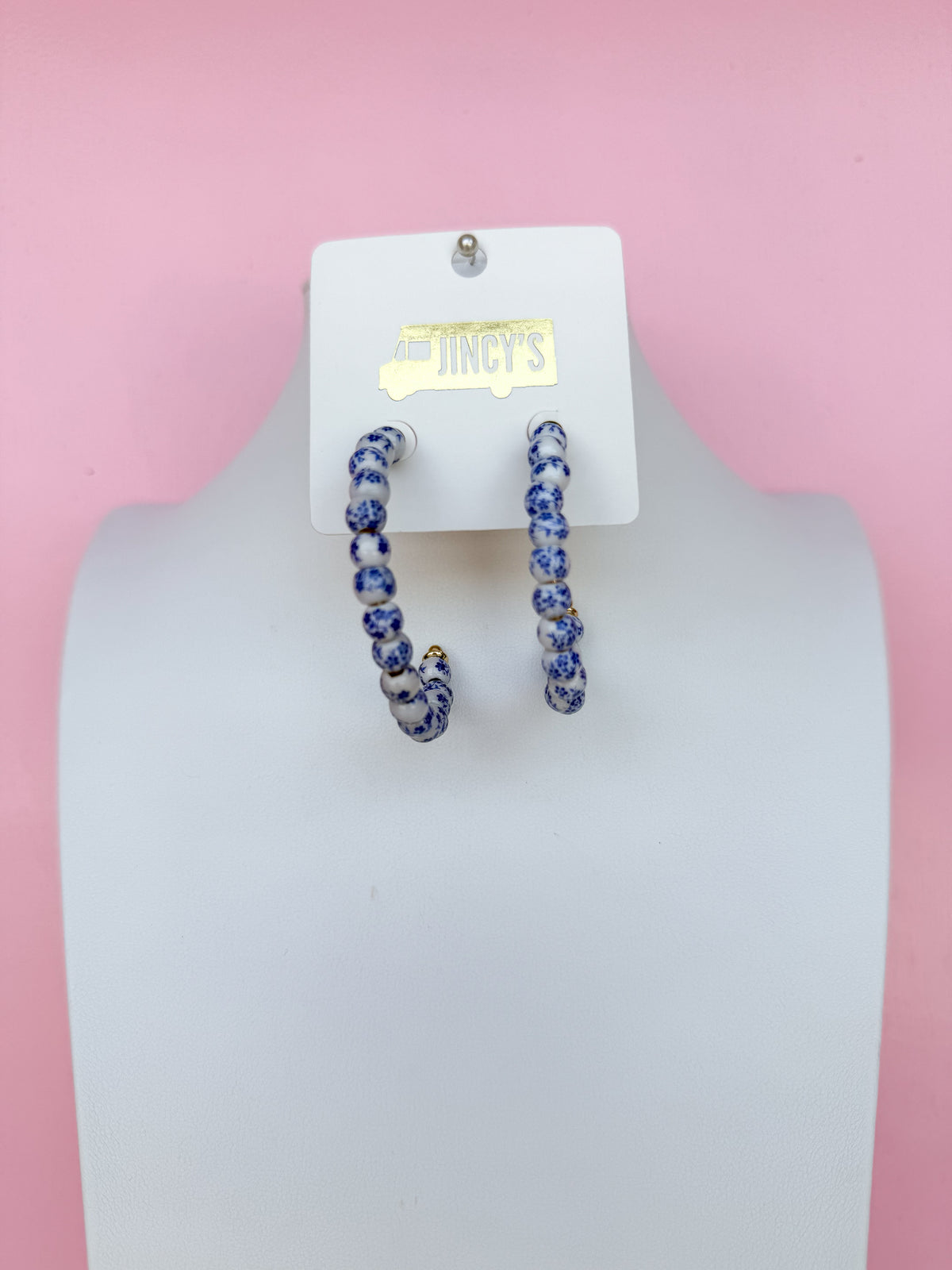 Chinoiserie beaded hoop necklace blue white post back womens boutique dainty jincy's