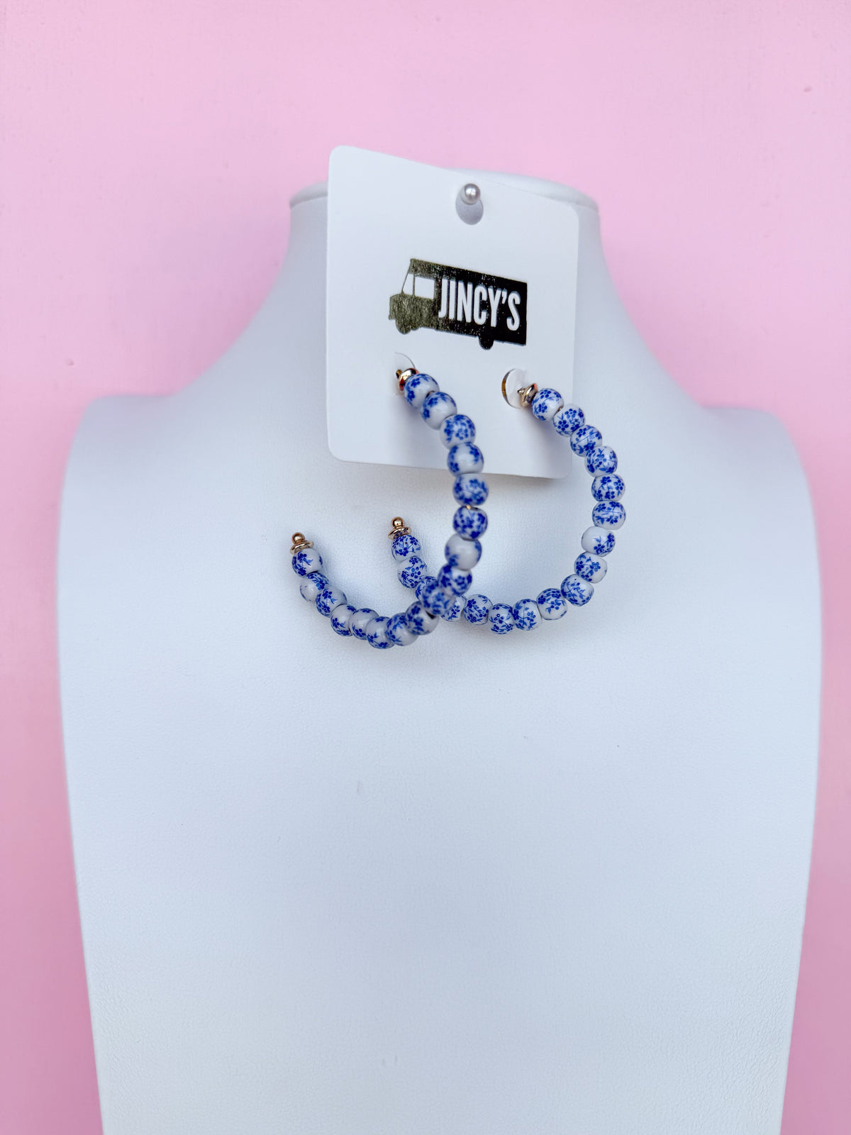 Chinoiserie beaded hoop necklace blue white post back womens boutique dainty jincy's