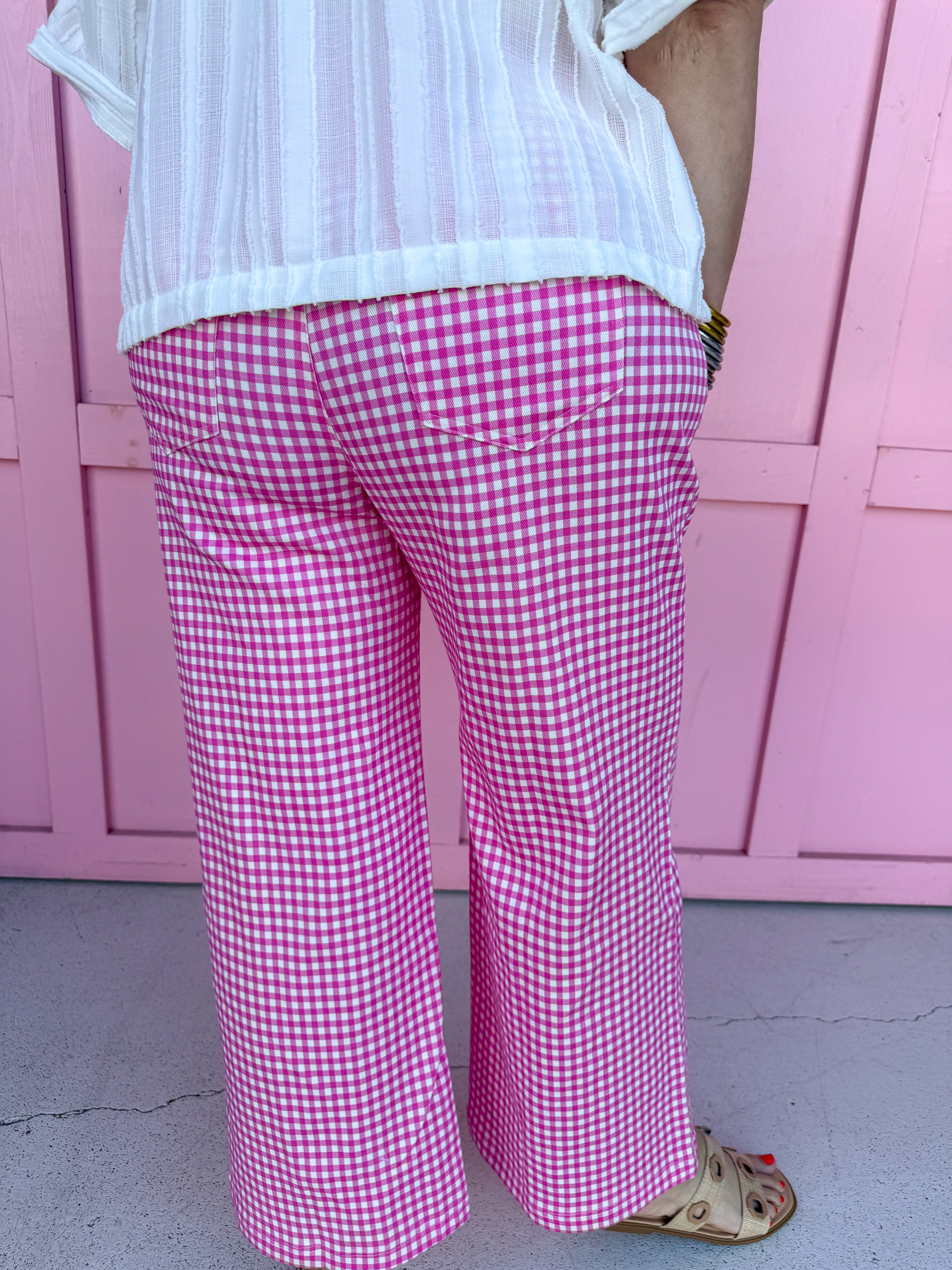 pink white gingham pants button and zipper closure pockets womens boutique jincy's 