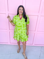 green mini dress white design pink trim vneck mini collar womens boutique jincy's 