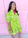 green mini dress white design pink trim vneck mini collar womens boutique jincy's 