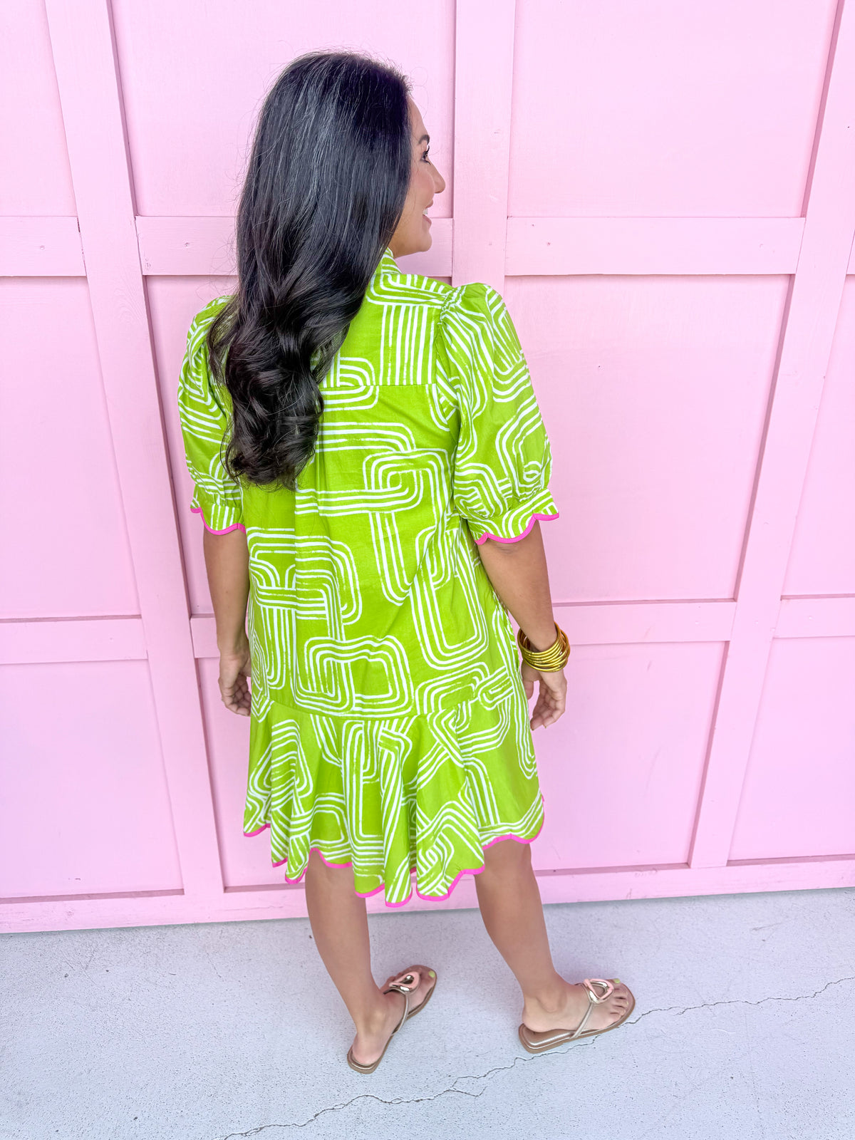 green mini dress white design pink trim vneck mini collar womens boutique jincy's 