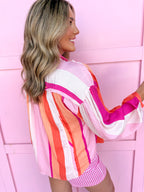 Punchy Stripes Top pinks orange white lightweight button front long sleeves womens boutique jincy's 