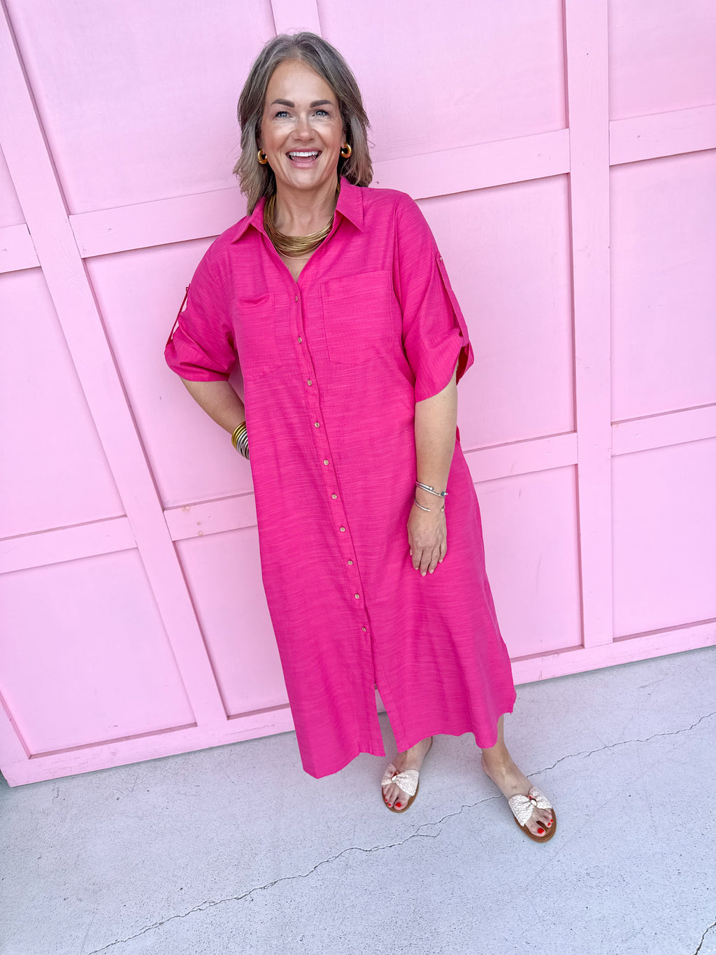 fuchsia button front dress roll cuff sleeves collared side slits womens boutique jincy's