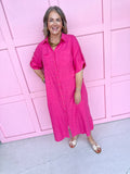 fuchsia button front dress roll cuff sleeves collared side slits womens boutique jincy's