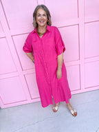 fuchsia button front dress roll cuff sleeves collared side slits womens boutique jincy's