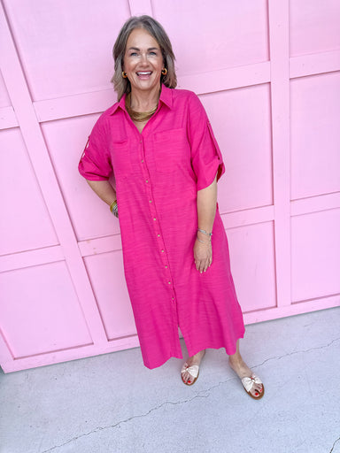 fuchsia button front dress roll cuff sleeves collared side slits womens boutique jincy's