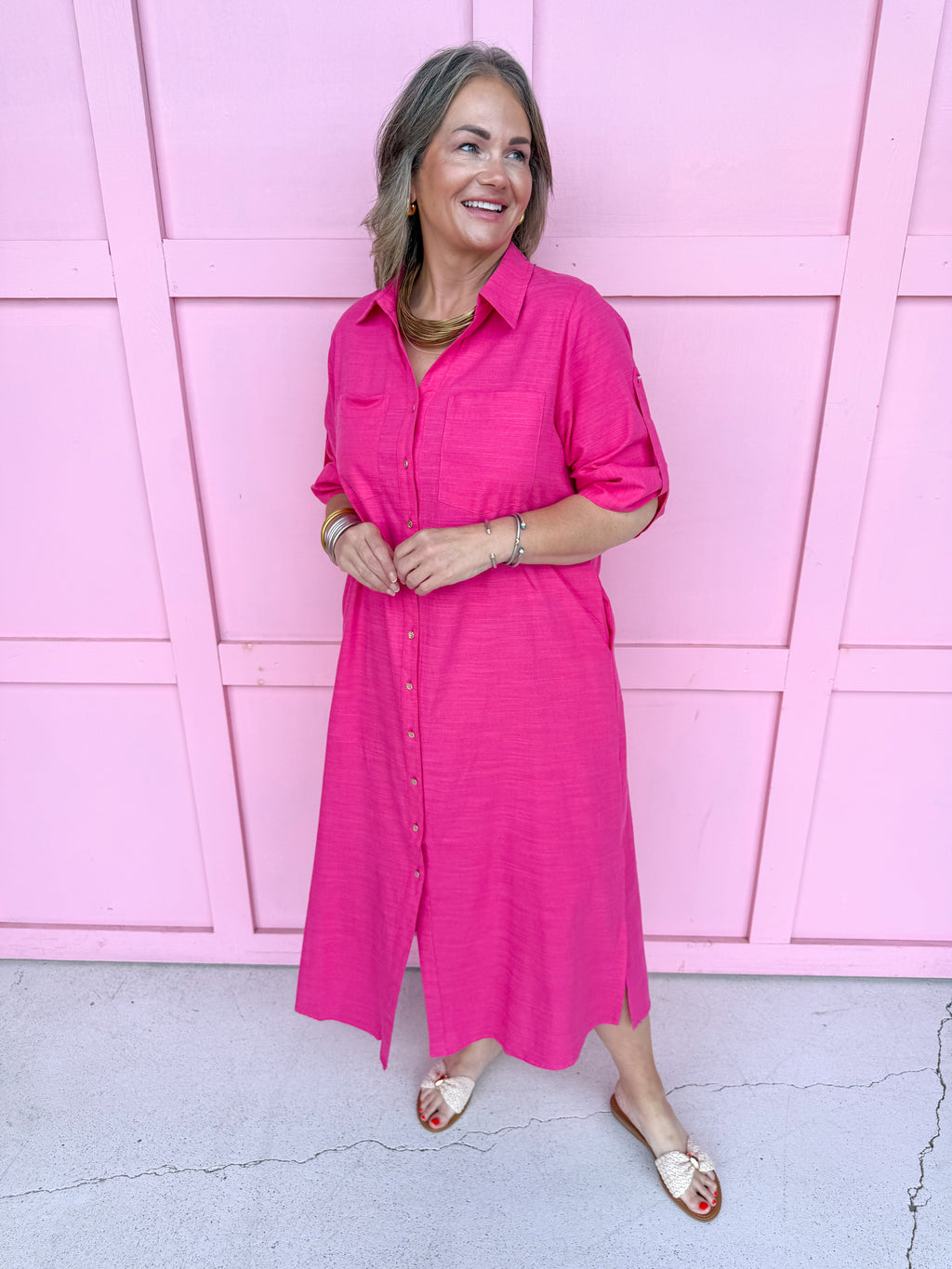 fuchsia button front dress roll cuff sleeves collared side slits womens boutique jincy's