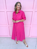 fuchsia button front dress roll cuff sleeves collared side slits womens boutique jincy's