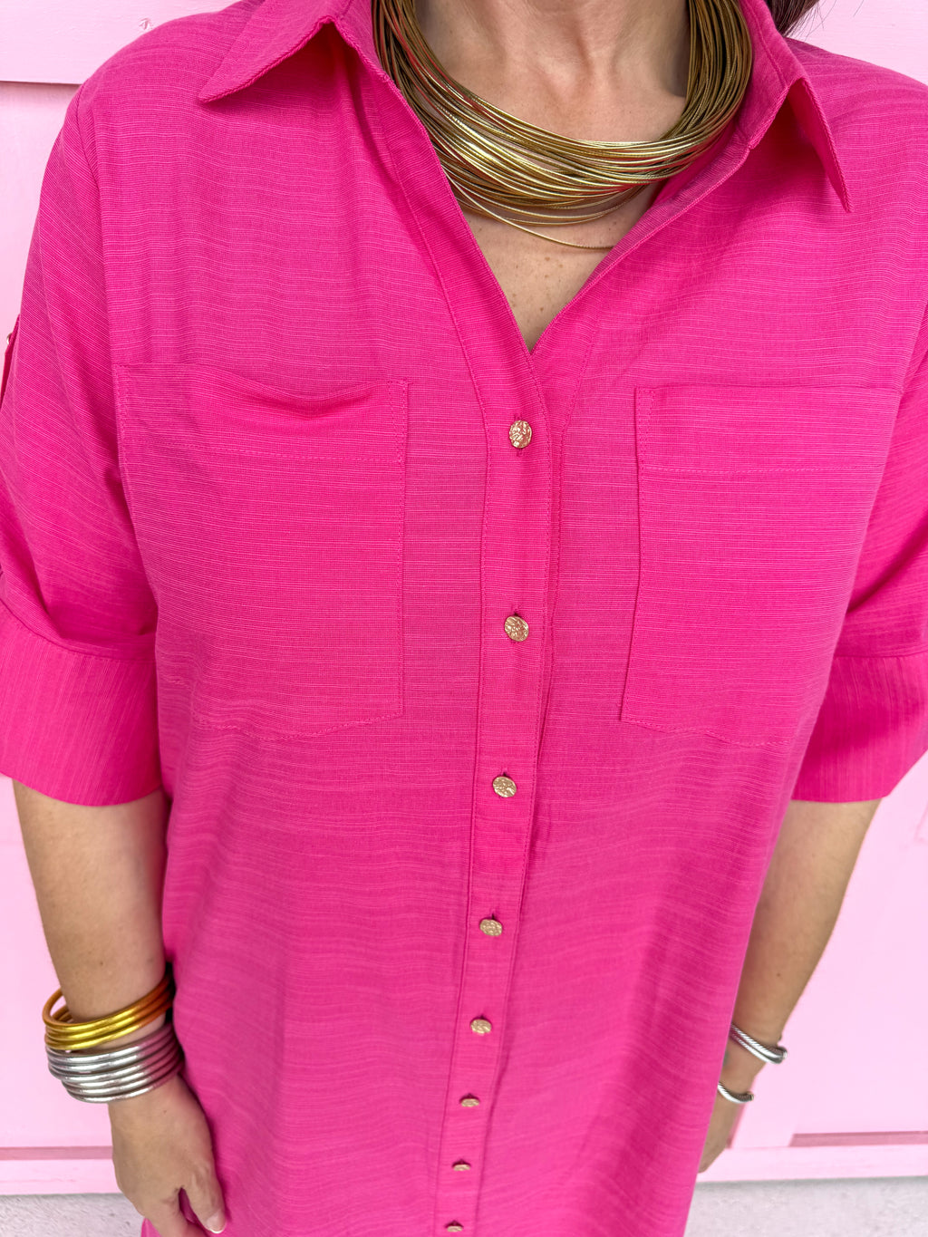 fuchsia button front dress roll cuff sleeves collared side slits womens boutique jincy's