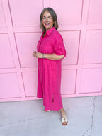 fuchsia button front dress roll cuff sleeves collared side slits womens boutique jincy's