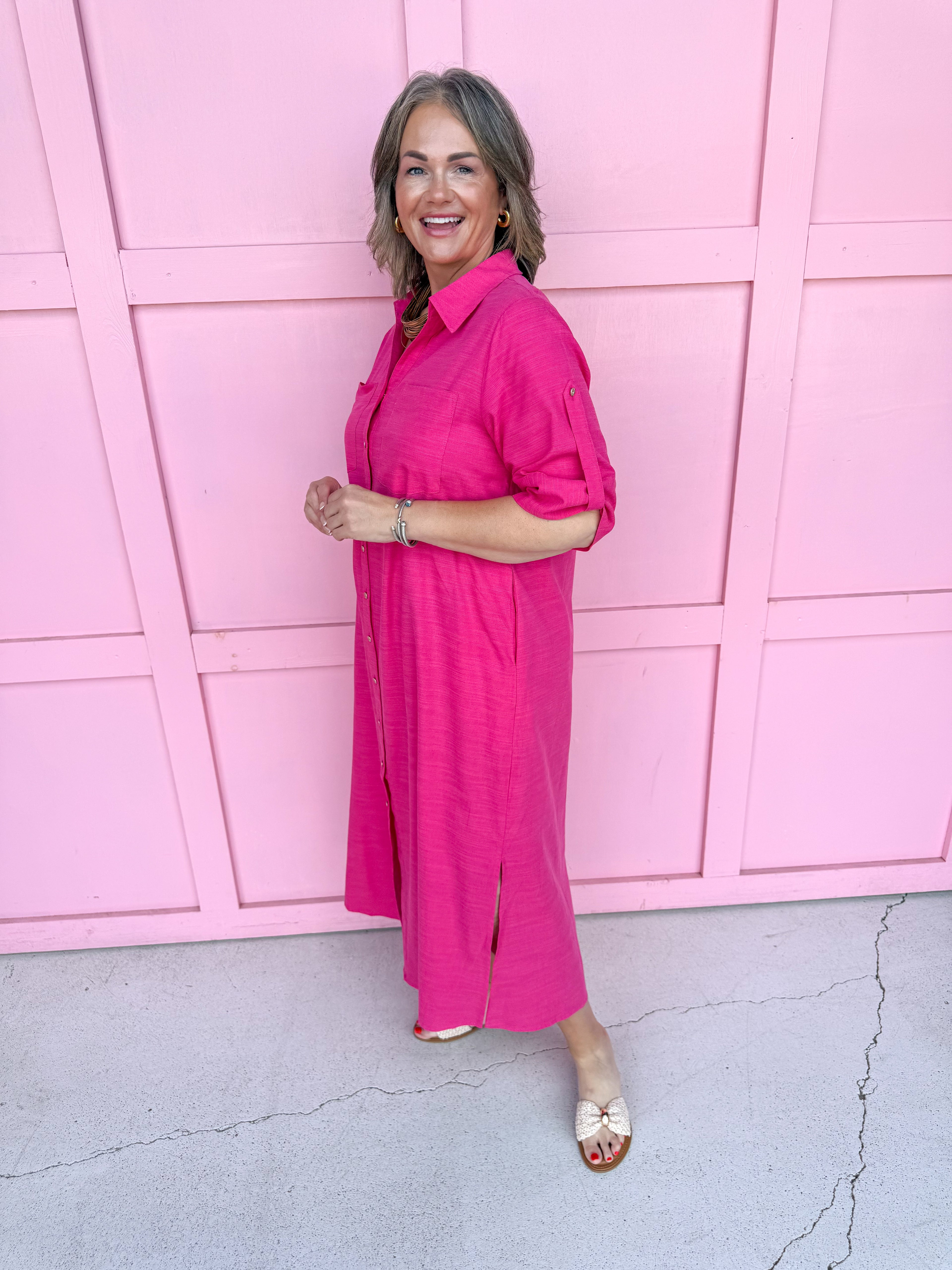 fuchsia button front dress roll cuff sleeves collared side slits womens boutique jincy's