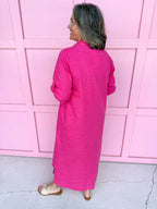 fuchsia button front dress roll cuff sleeves collared side slits womens boutique jincy's