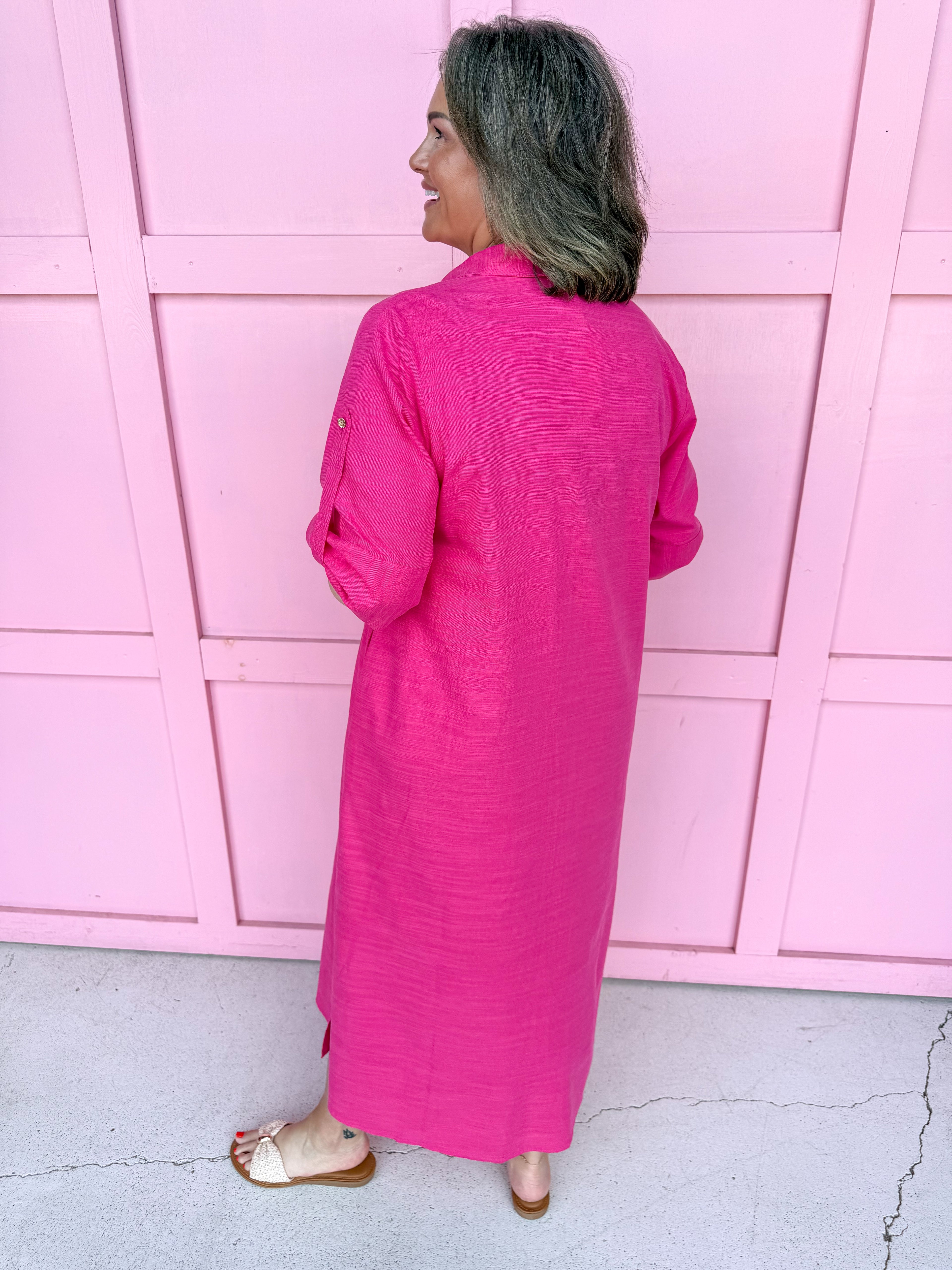 fuchsia button front dress roll cuff sleeves collared side slits womens boutique jincy's