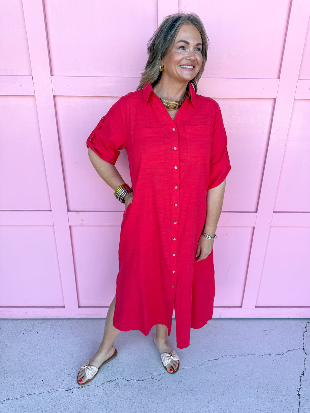 red button front dress roll cuff sleeves collared side slits womens boutique jincy's