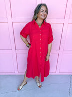 red button front dress roll cuff sleeves collared side slits womens boutique jincy's