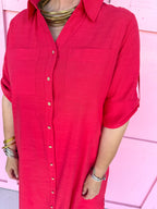 red button front dress roll cuff sleeves collared side slits womens boutique jincy's