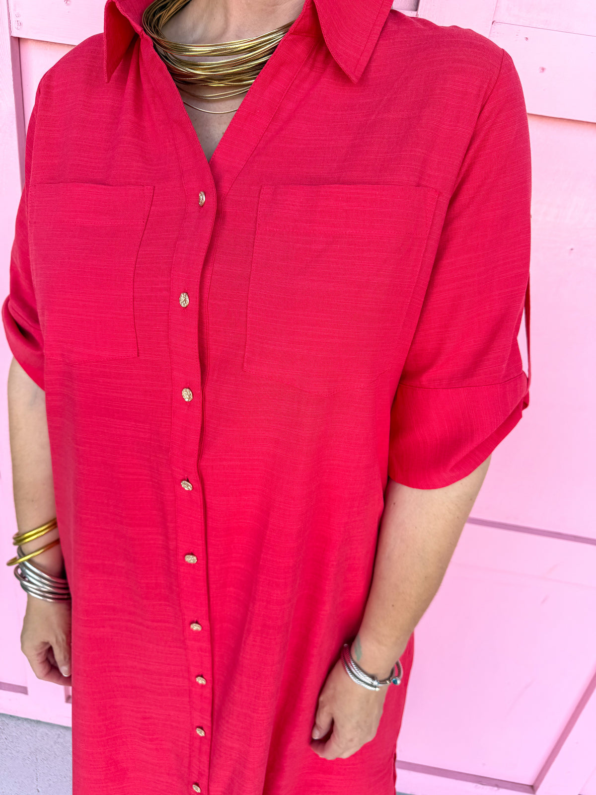 red button front dress roll cuff sleeves collared side slits womens boutique jincy's