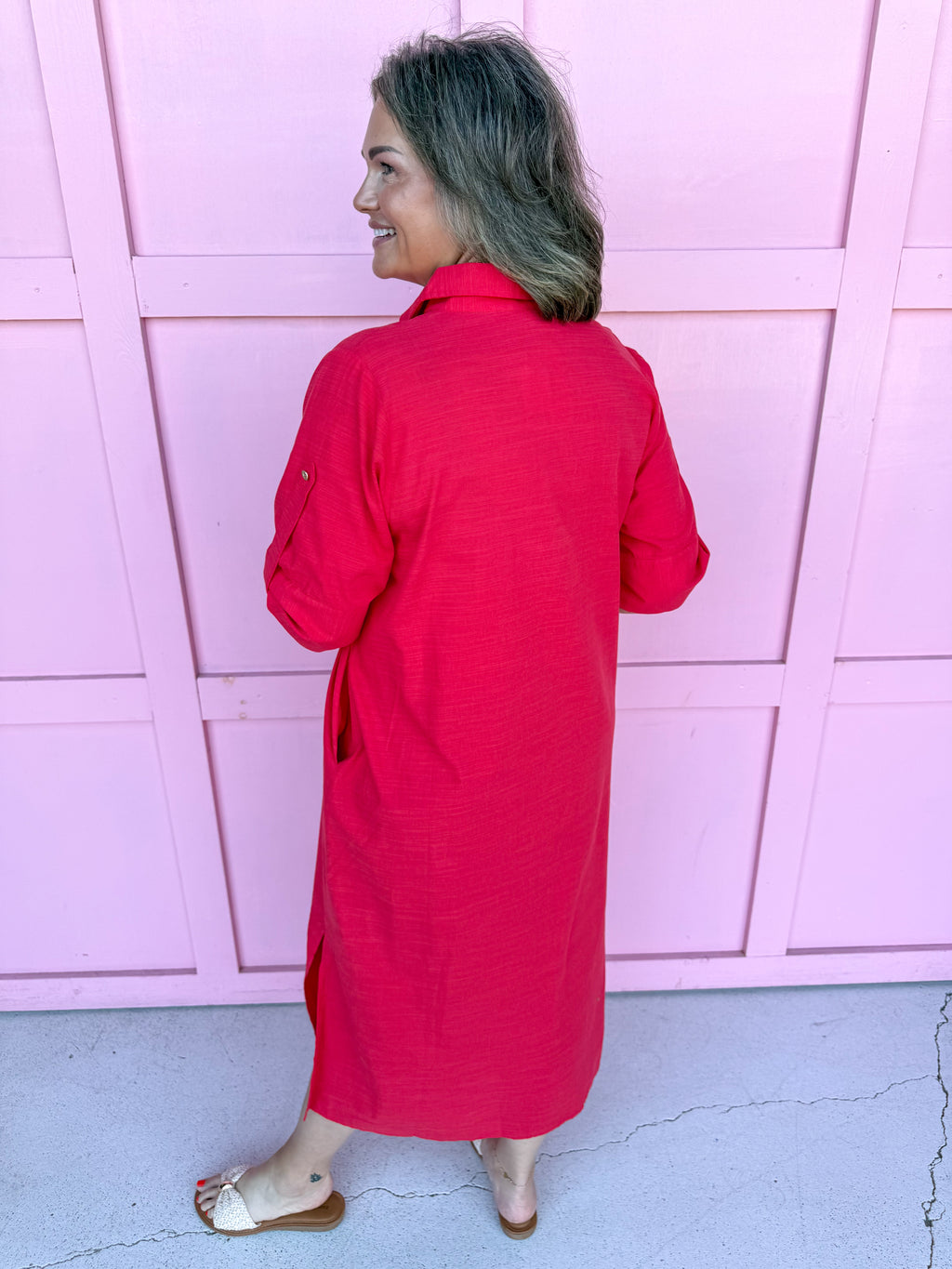red button front dress roll cuff sleeves collared side slits womens boutique jincy's