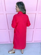 red button front dress roll cuff sleeves collared side slits womens boutique jincy's