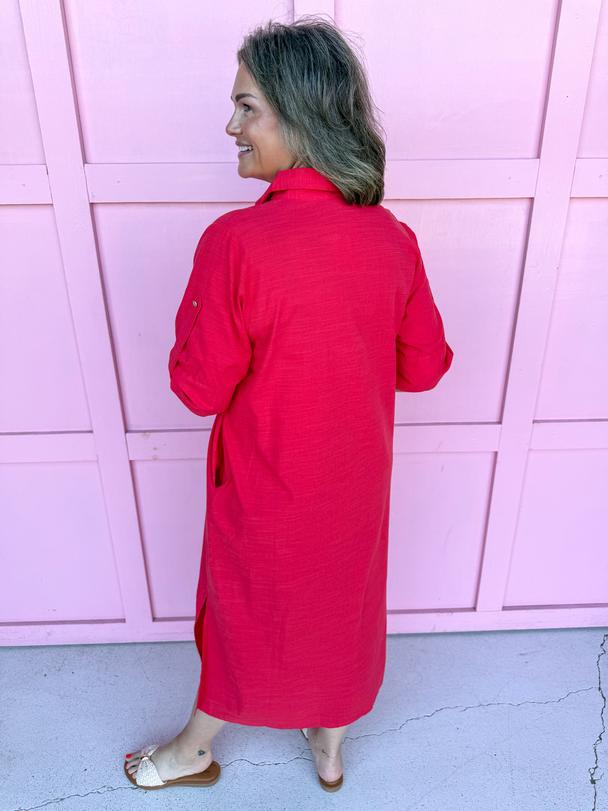red button front dress roll cuff sleeves collared side slits womens boutique jincy's