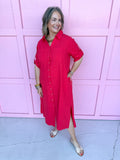 red button front dress roll cuff sleeves collared side slits womens boutique jincy's