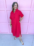 red button front dress roll cuff sleeves collared side slits womens boutique jincy's