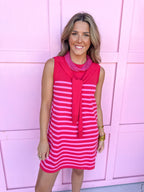 Faux Sweater Tie crew neckline mini length red and pink stripes sleeveless womens boutique jincy's