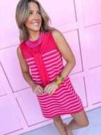 Faux Sweater Tie crew neckline mini length red and pink stripes sleeveless womens boutique jincy's