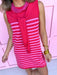 Faux Sweater Tie crew neckline mini length red and pink stripes sleeveless womens boutique jincy's