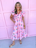pink floral pattern vneck ruffle sleeves lined pockets womens boutique jincy's