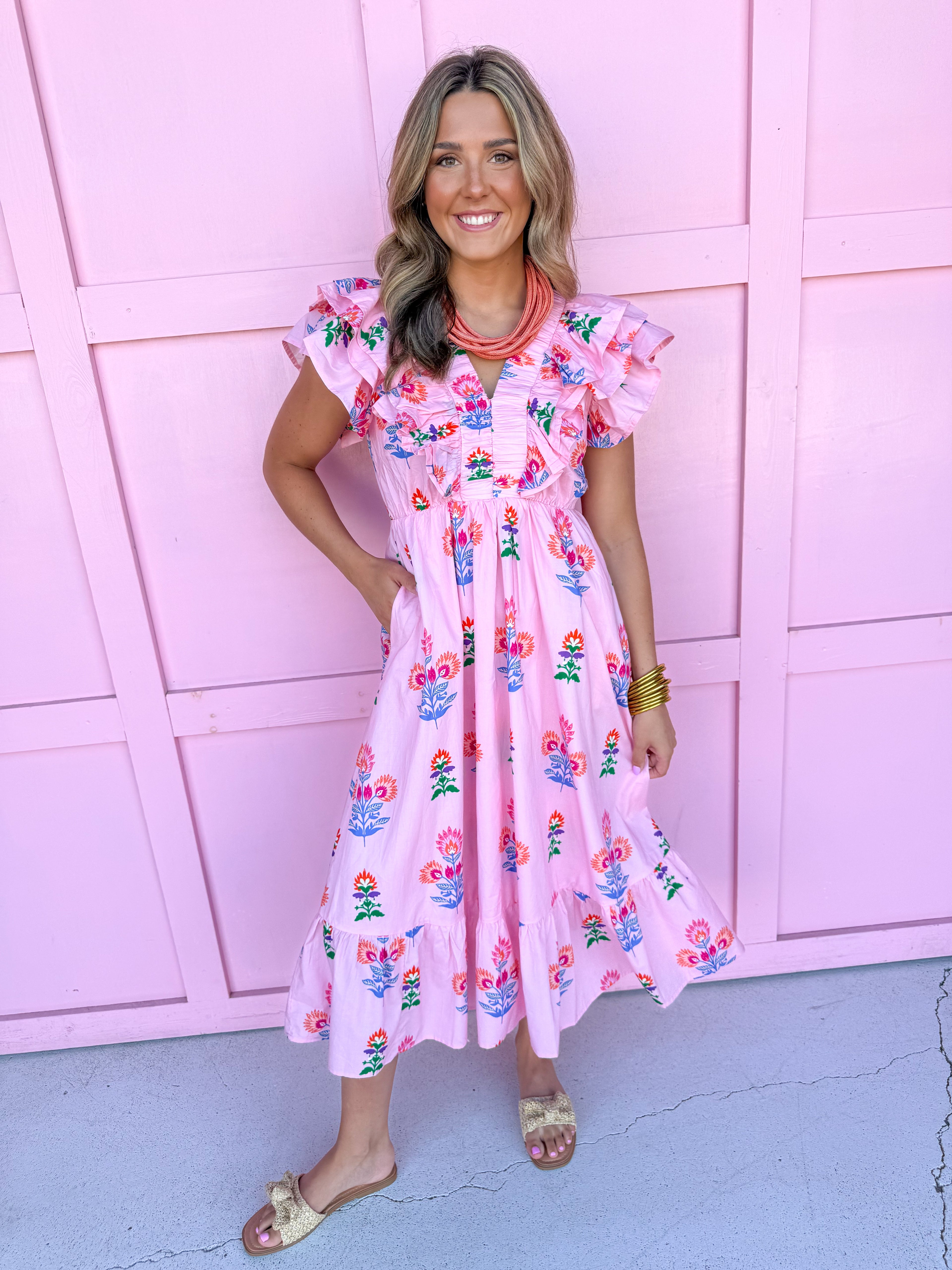 pink floral pattern vneck ruffle sleeves lined pockets womens boutique jincy's